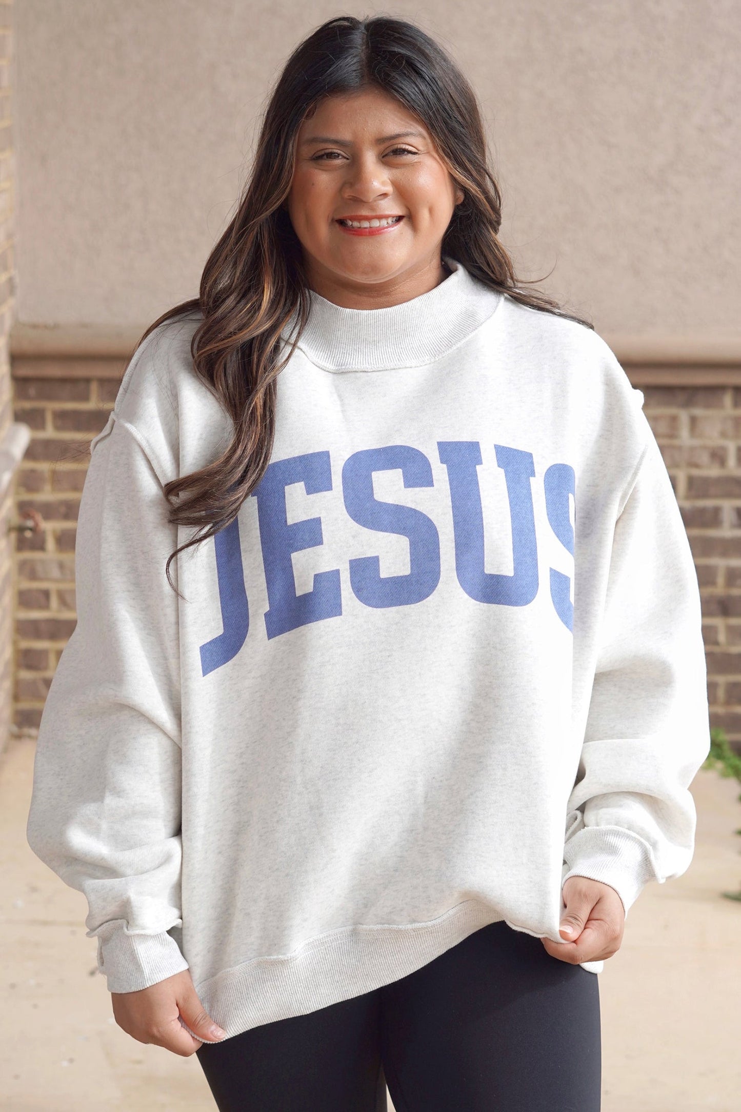 Yellow Jesus Slogan Stand Neck Long Sleeve Oversized Tunic Plus Size Sweatshirt