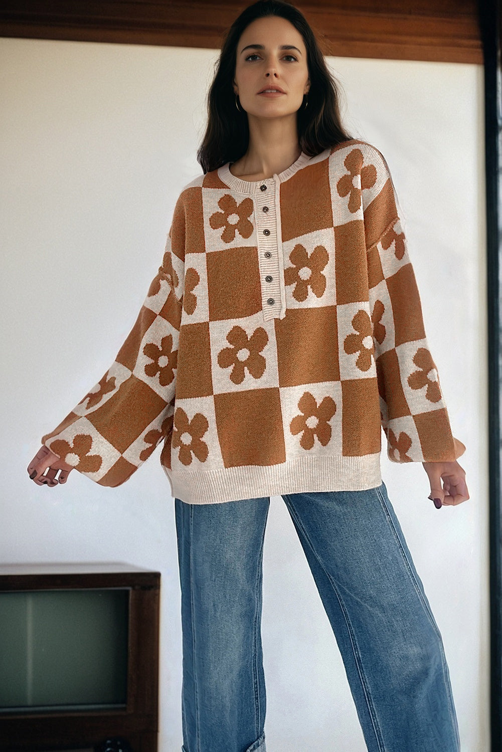 Black Flower Plaid Henley Baggy Sweater