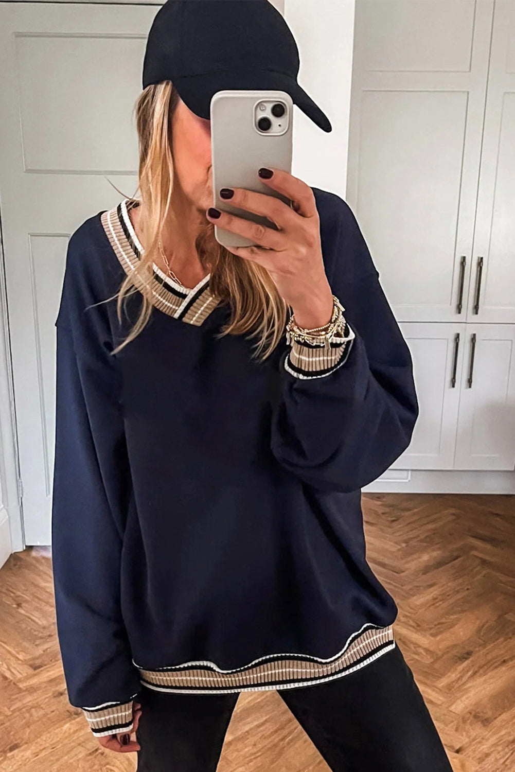 Gray Varsity Contrast Trim V Neck Sweatshirt