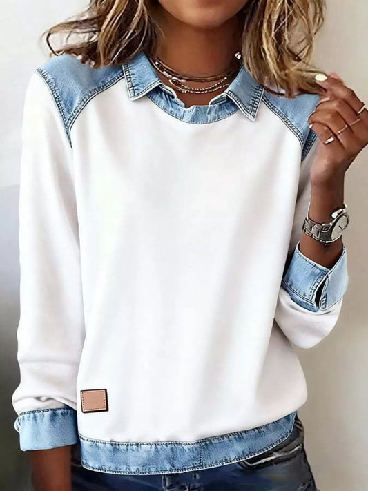 Full Size Denim Trim Long Sleeve Top Plus Size