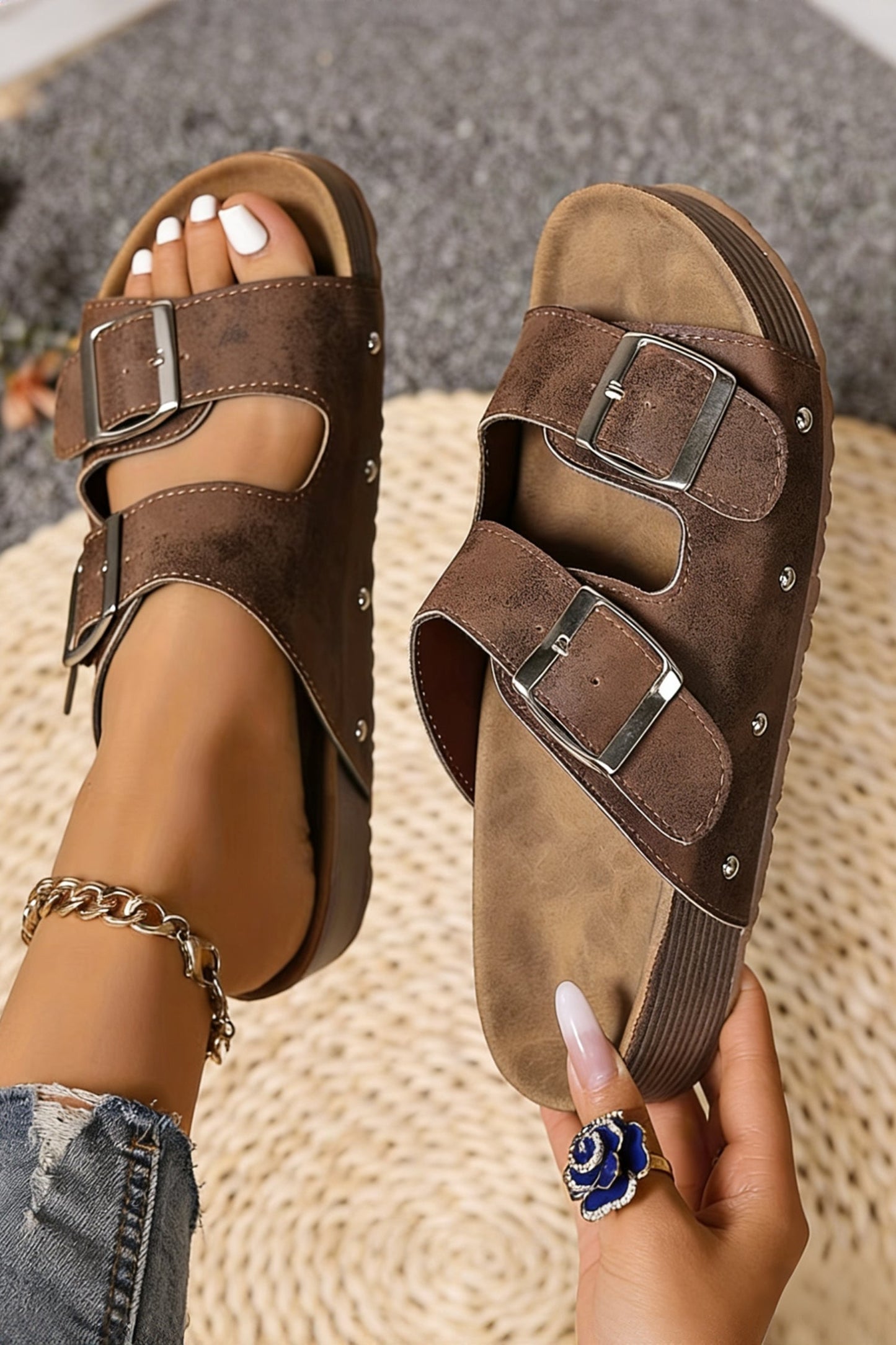 Medium Grey Retro Double Buckle PU Leather Faux Suede Platform Slippers