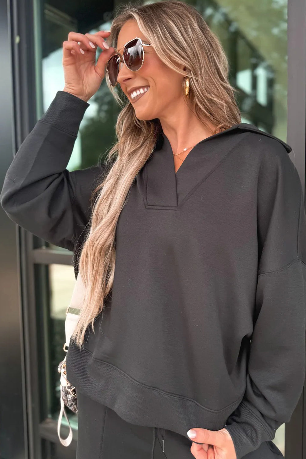 Bristol Black Collared V Neck Pullover Sweatshirt Sweatpants Set