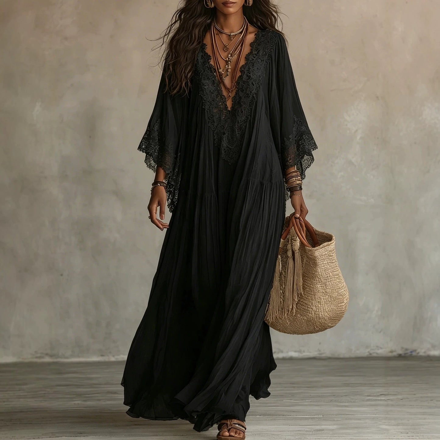 Women's Deep V-Neck Lace Trim Flared Sleeve Boho Maxi Dress