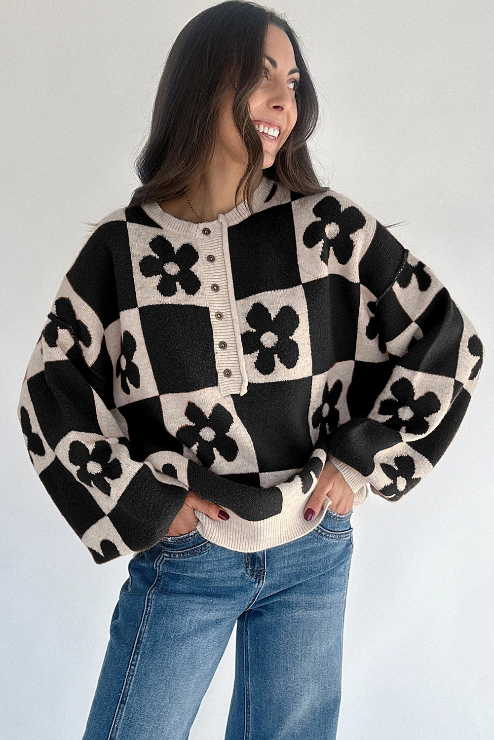 Thai Curry Flower Plaid Henley Baggy Sweater