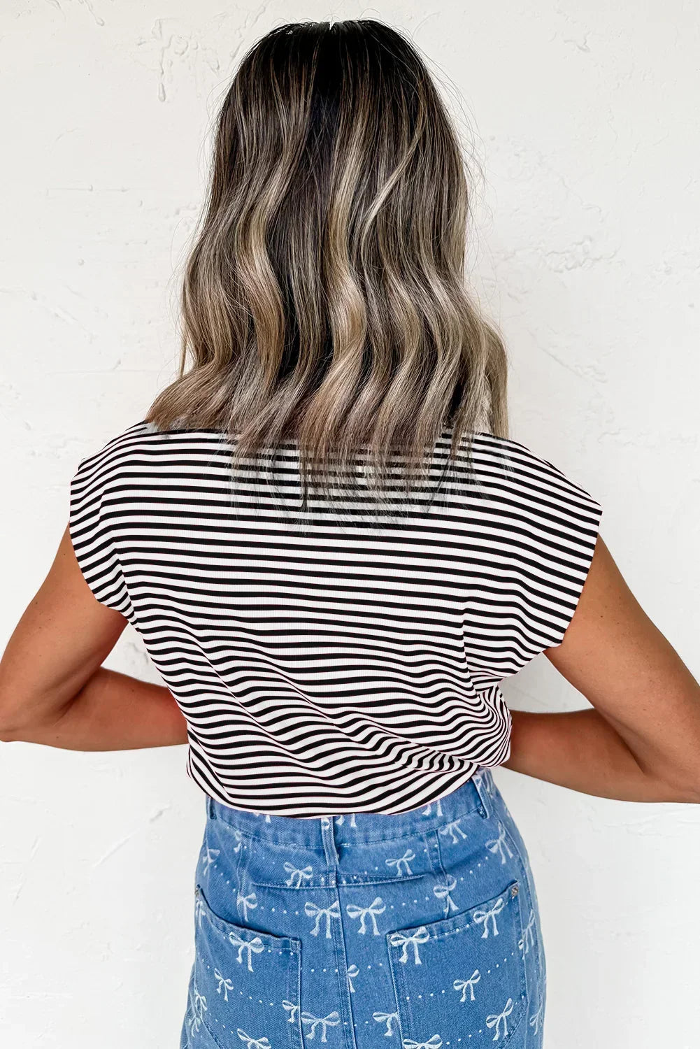 Black Stripe Ribbed Cap Sleeve Round Neck T Shirt
