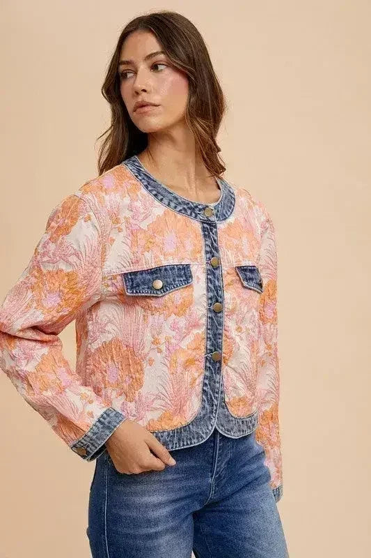 Floral Jacquard Denim Jacket - Contrast Button Down | Femstylo