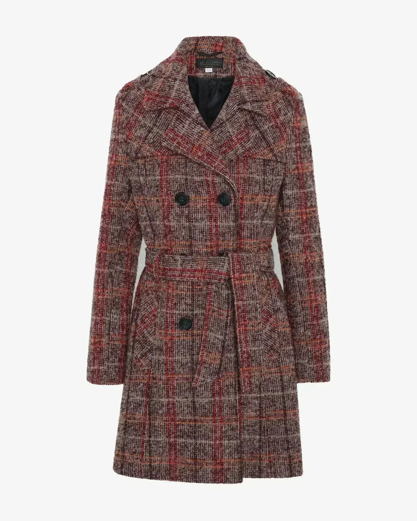Wool Blend Check Double Breasted Military Coat
