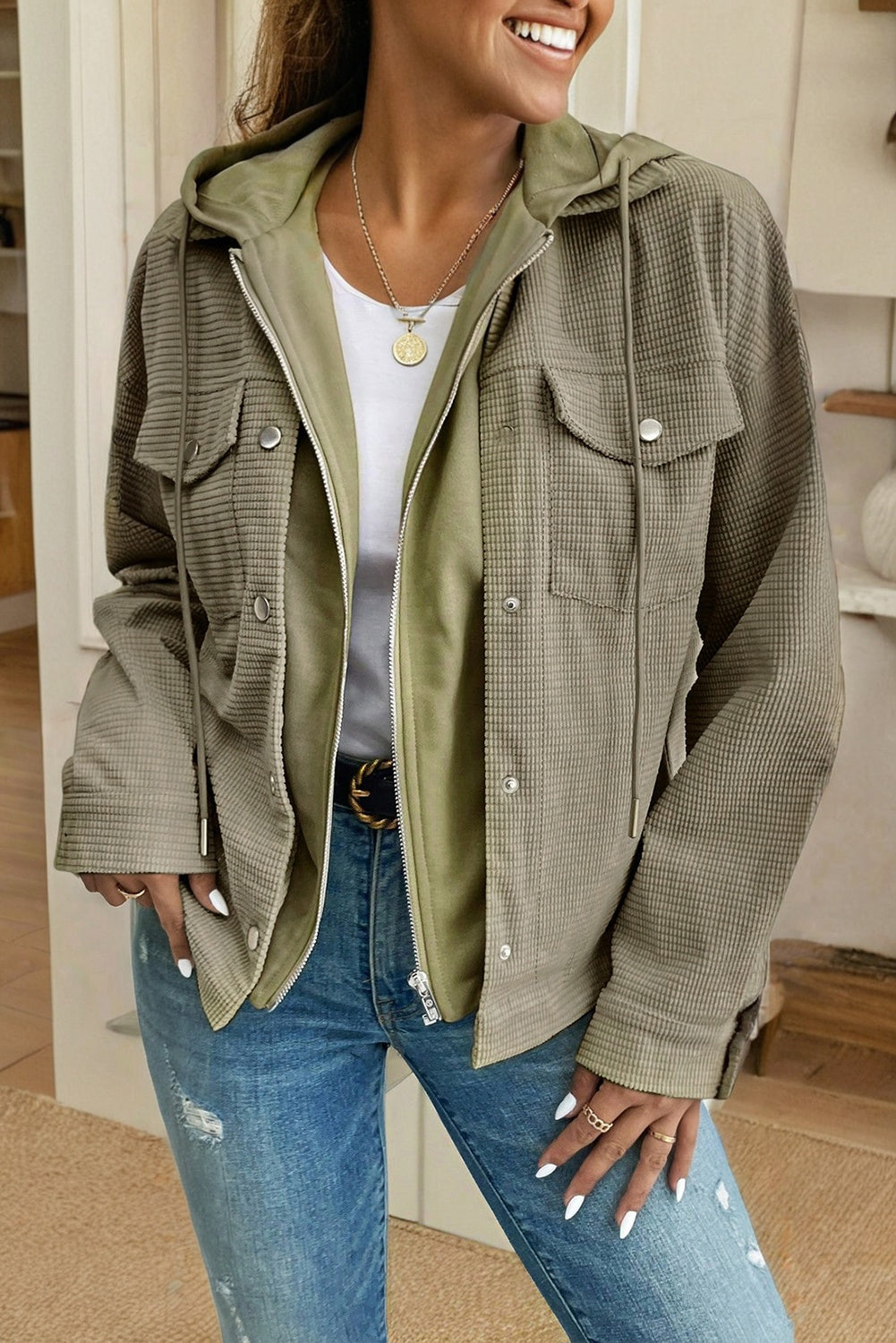 Beige 2 in 1 Thermal Knit Textured Hooded Jacket