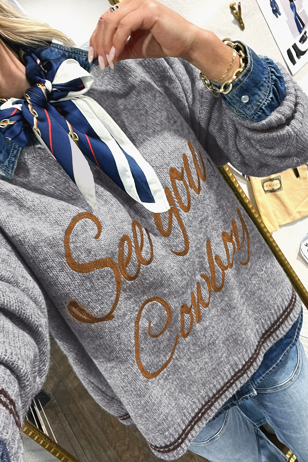 Peach Blossom Letter Embroidered Graphic Sweater