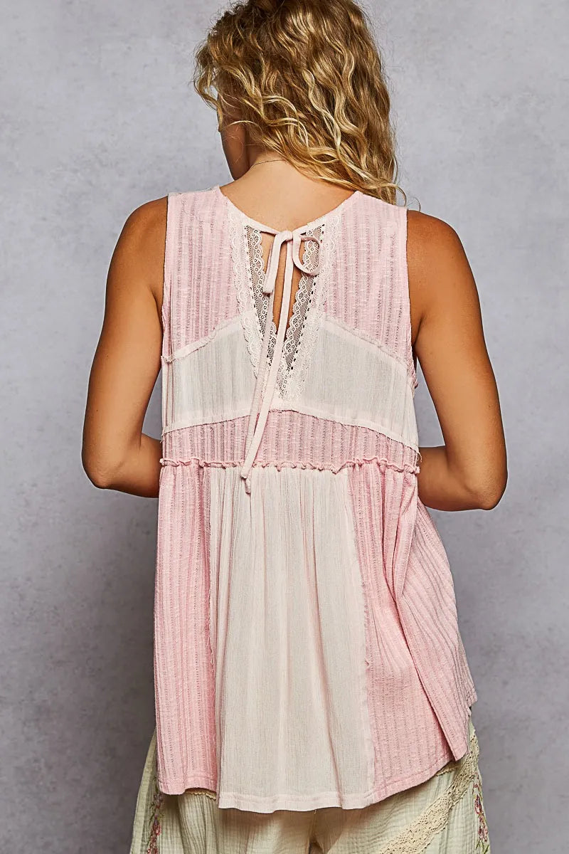POL Lace Trim Two-Tone Tank with Pintuck Detail