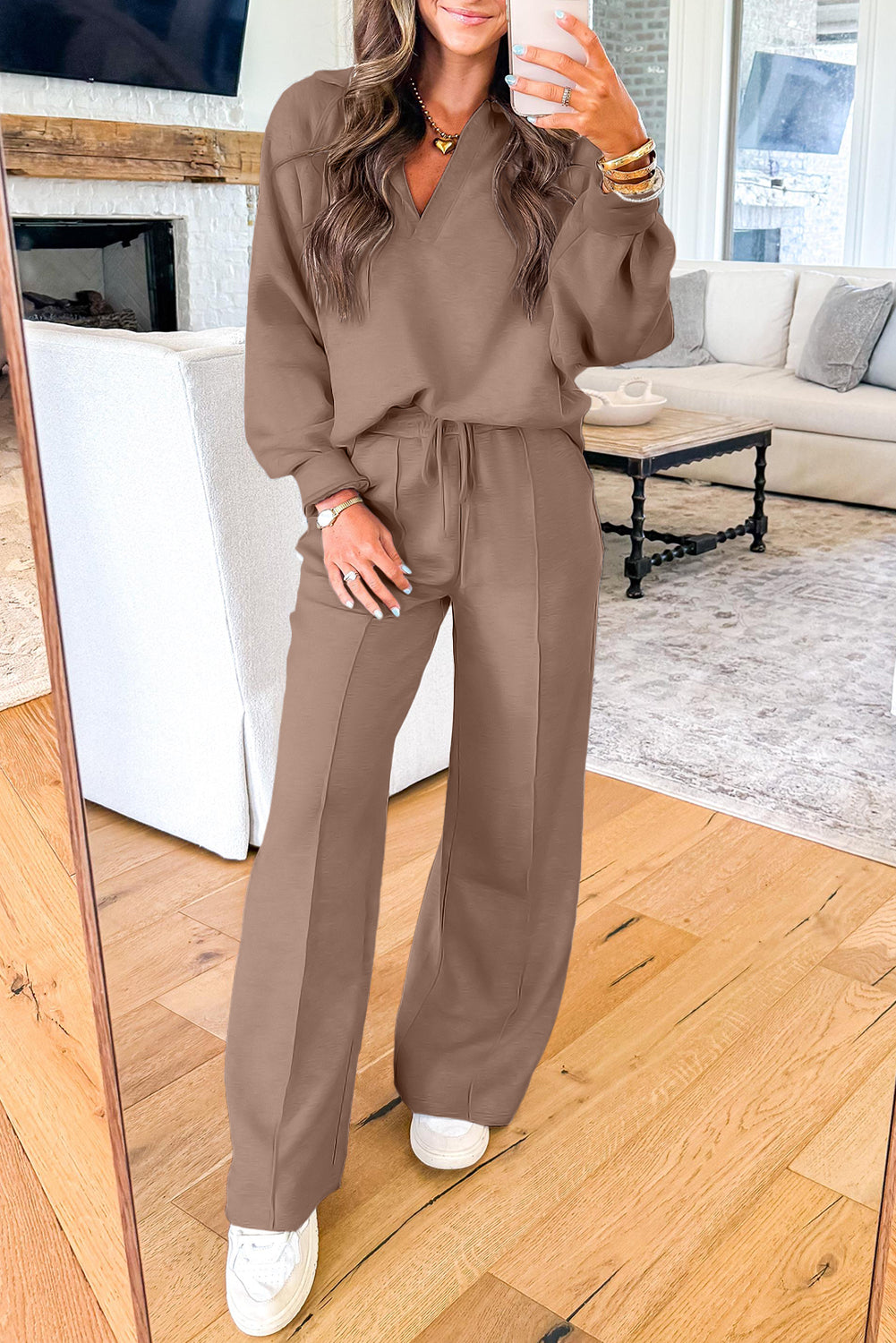 Dark Khaki Polo Collar V Neck Pullover and Drawstring Sweatpants Set