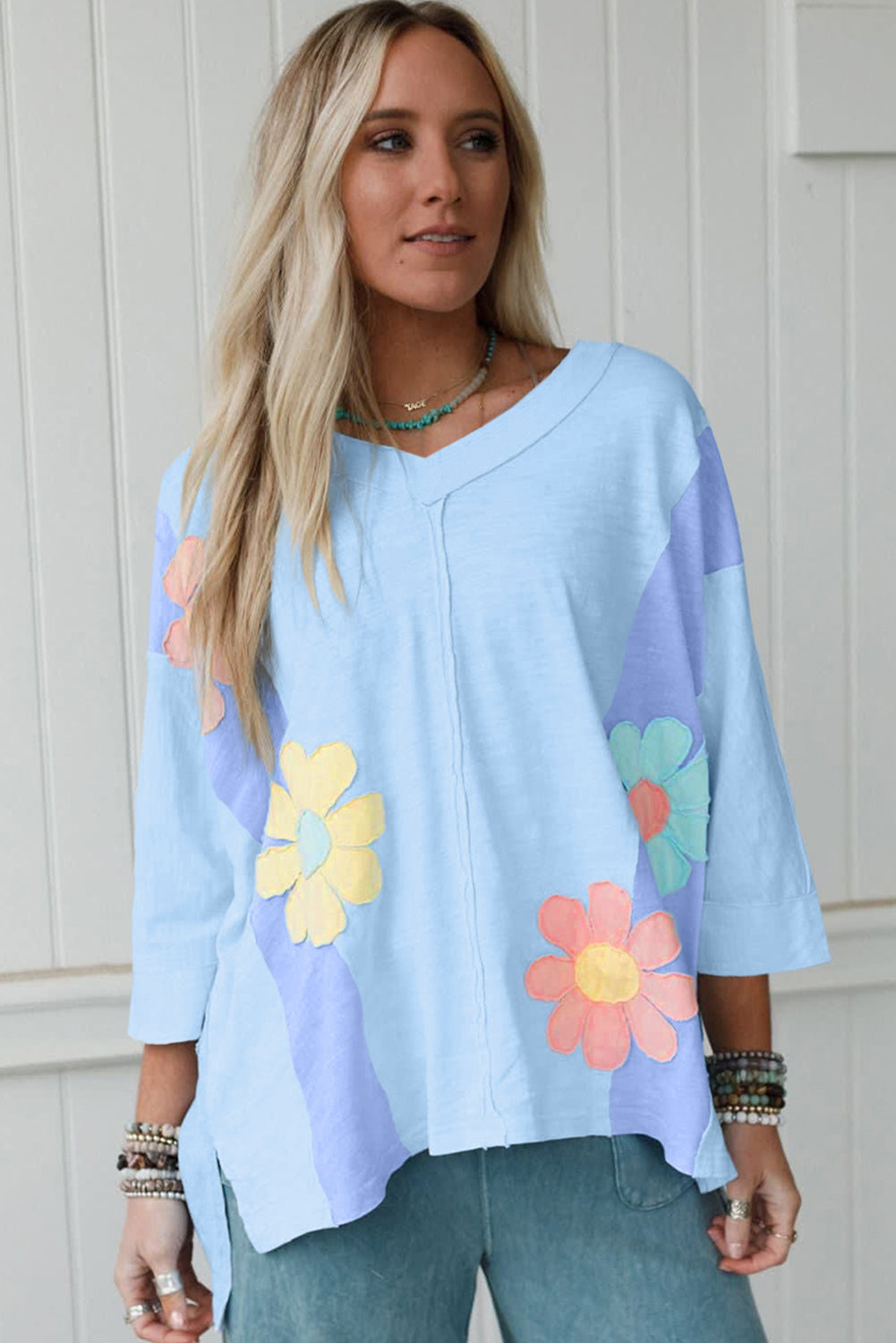 Green Flower Patched Exposed Seam Bracelet Sleeve Oversized T Shirt