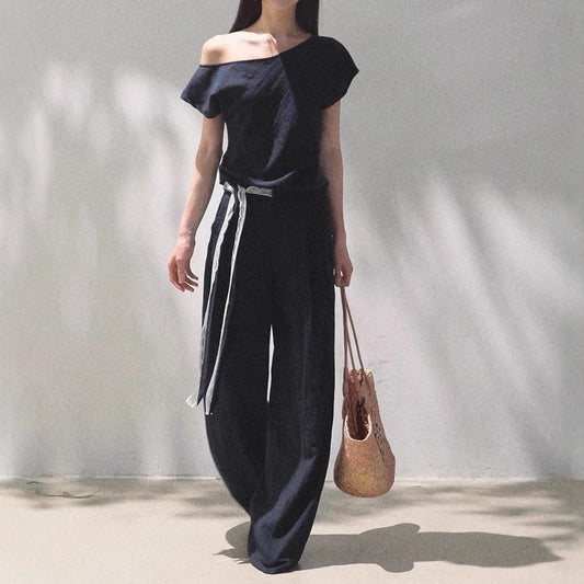 Linen Off-Shoulder Asymmetric Casual Set – 2 Colors, S–L