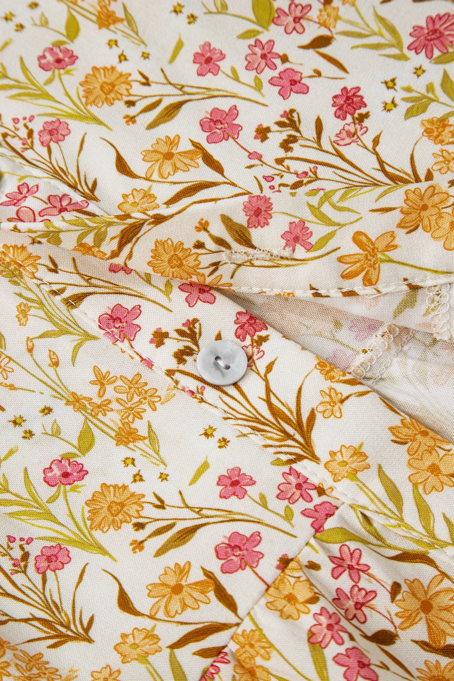 Yellow Floral Print Frilly Trim Smocked Cuff Long Sleeve Loose Shirt Dress