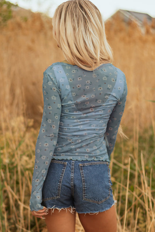 Sky Blue Vintage Floral Print Southern Style Mesh Long Sleeve Top