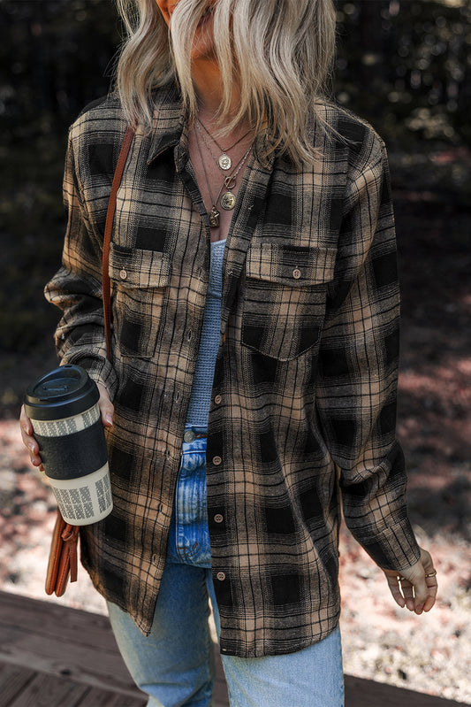 Multicolour Retro Plaid Double Flap Pocket Brushed Shacket