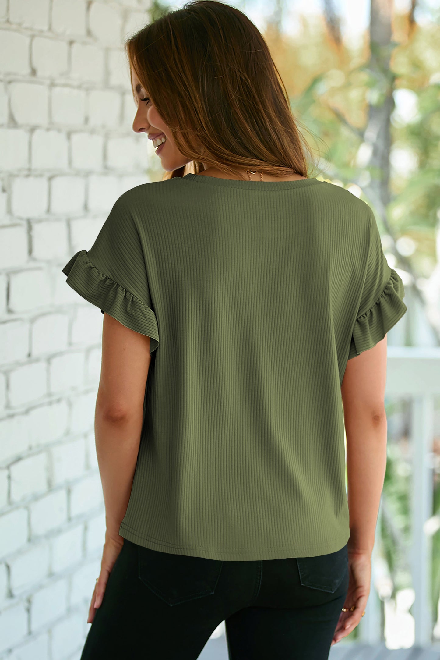 White Solid Color Ribbed Ruffled Short Sleeve T Shirt