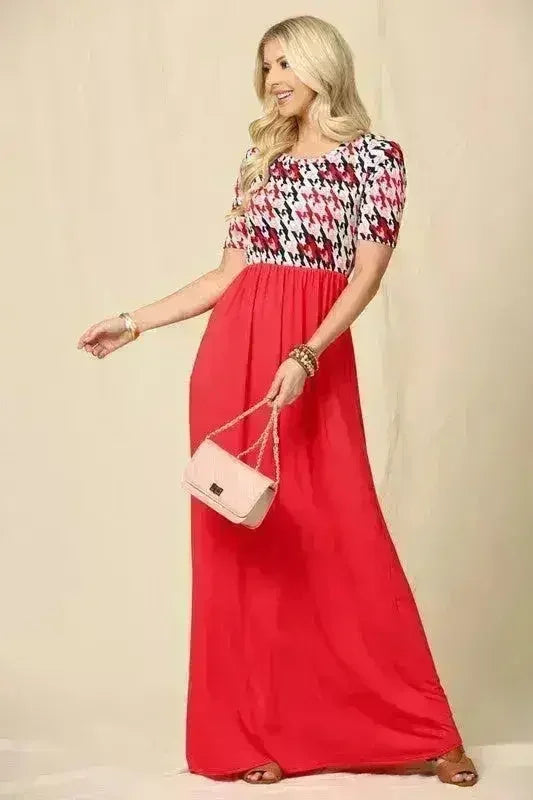 Houndstooth Maxi Dress | Short Sleeve Pocketed Style | Femstylo