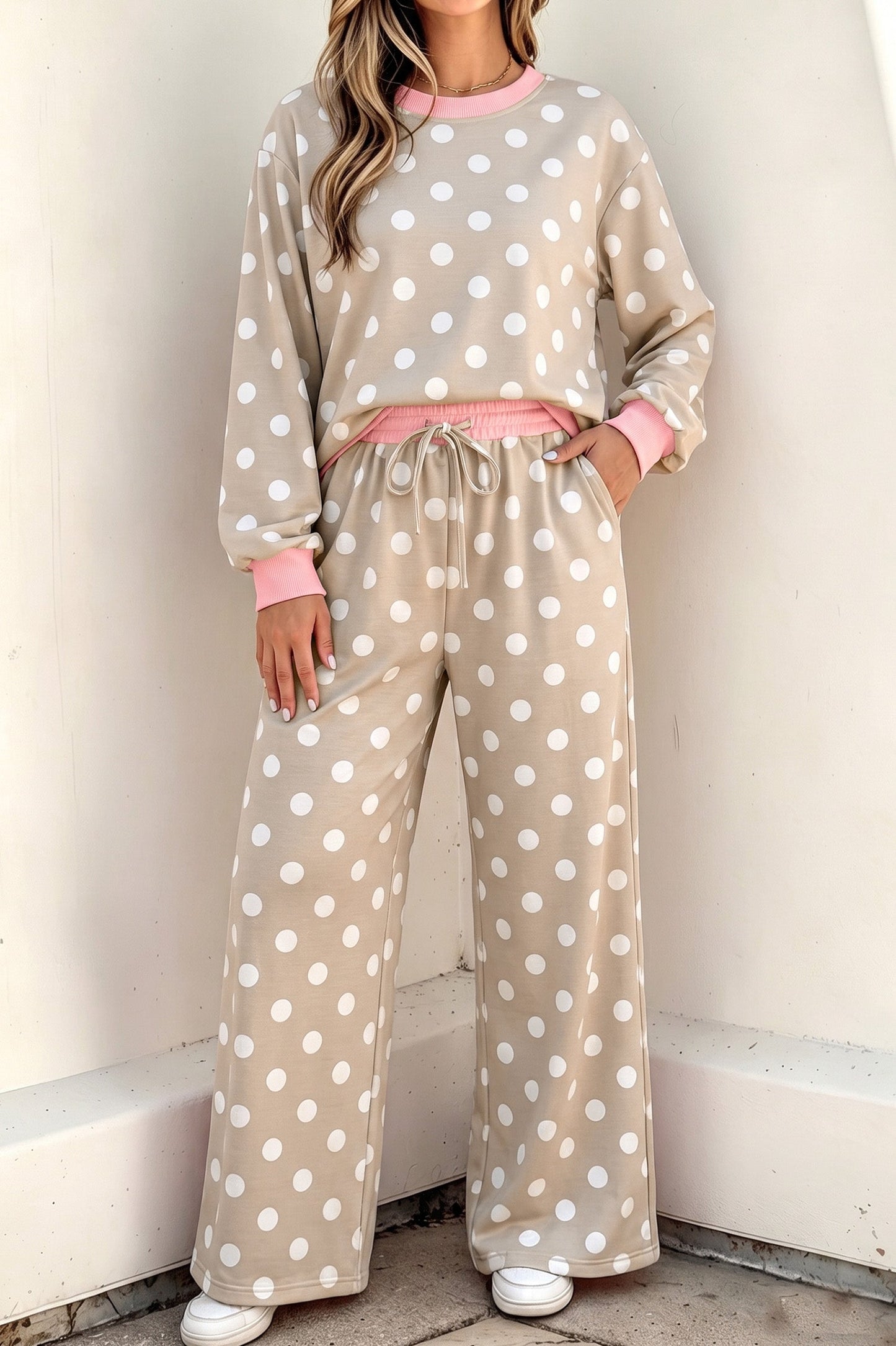 Khaki Polka Dot Contrast Trim Long Sleeve Top Drawstring Shift Pants Set