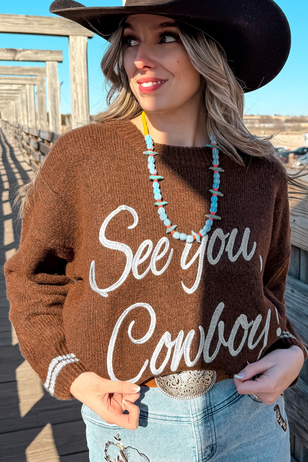 Peach Blossom Letter Embroidered Graphic Sweater