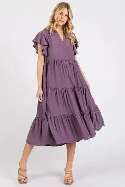 Ruffle Sleeve Collared Tiered V-Neck Midi Dress – femstylo