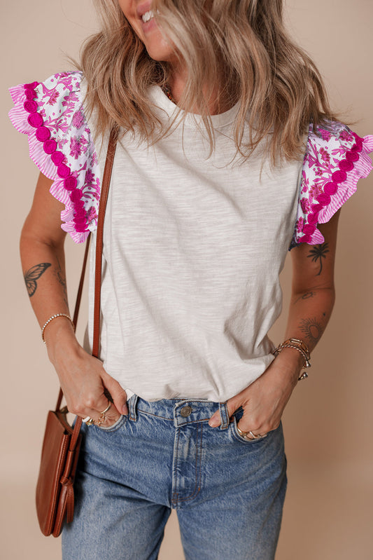 Rose Floral Striped Patchwork Flutter Sleeve Blouse