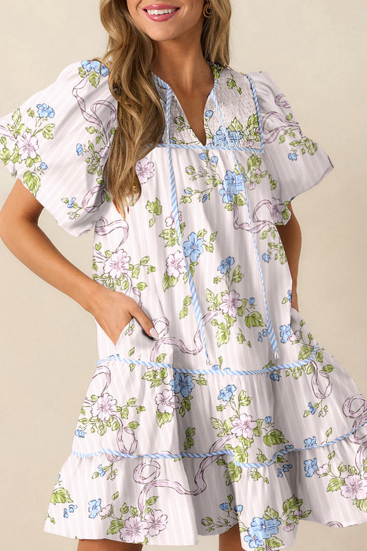 Pink Floral Striped Print Contrast Trim Tie Split Neck Mini Dress