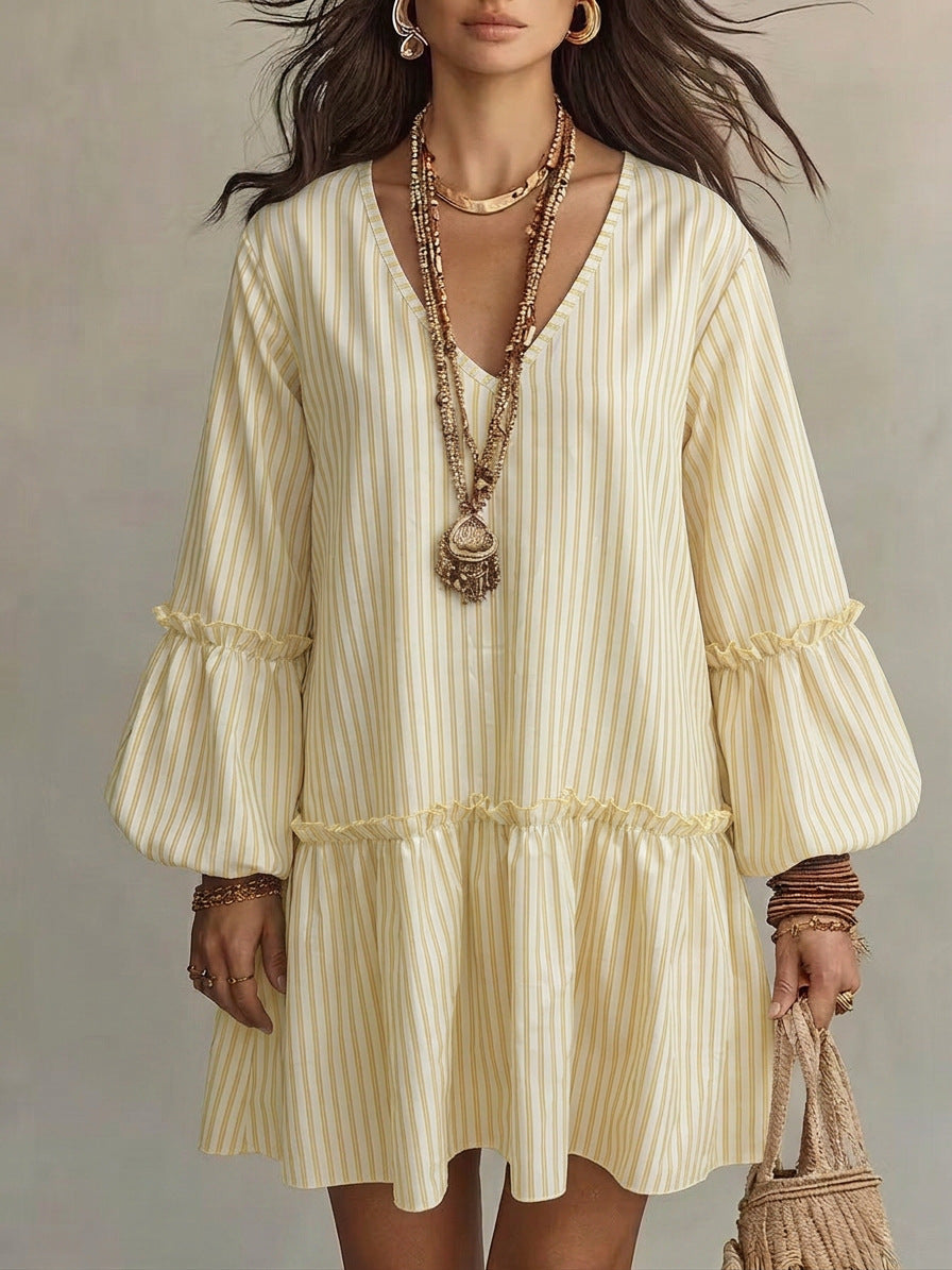 Women's Stripe Print V-Neck Lantern Sleeve Mini Dress