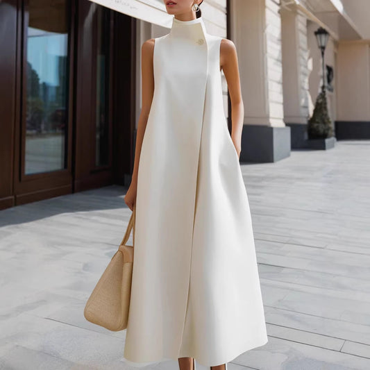 Elegant Sleeveless Long Dress – Stand Collar Office & Casual Dress