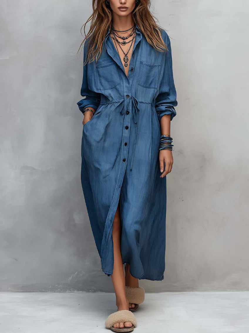 Women's Drawstring Waist Shirt Dress – Long Sleeve A-Line Midi