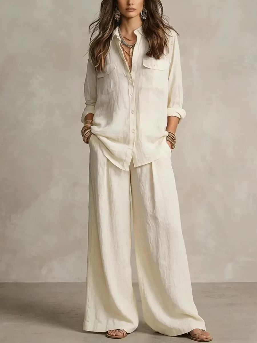 Women's Linen Two-Piece Set – Long Sleeve Shirt & Wide-Leg Pants