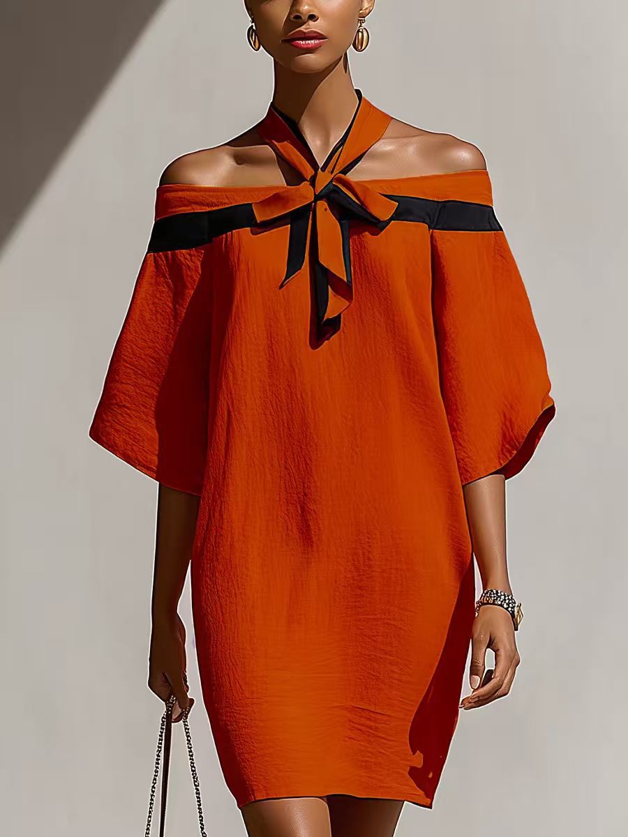 One Shoulder Bow Collar A-Line Dress – Short Sleeve Mini
