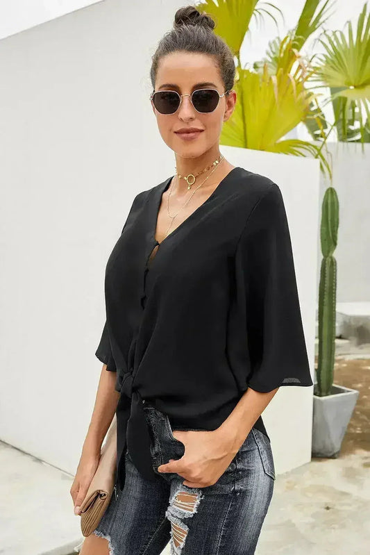 Black Button-Down Tie Blouse - V-Neck 3/4 Sleeve Top for Women | Femstylo
