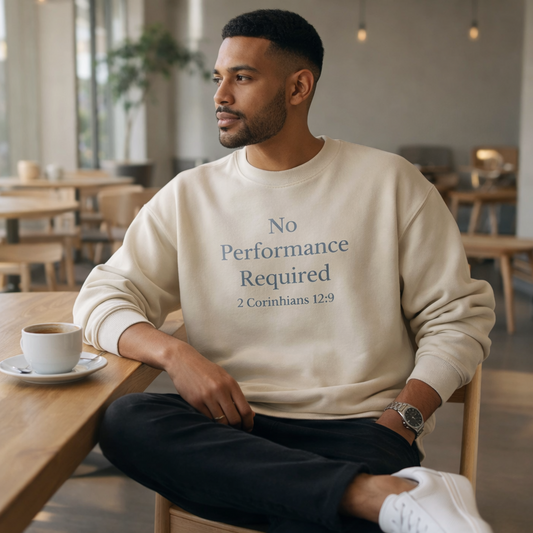 No Performance Required Sweatshirt — 2 Corinthians 12:9 Christian Crewneck