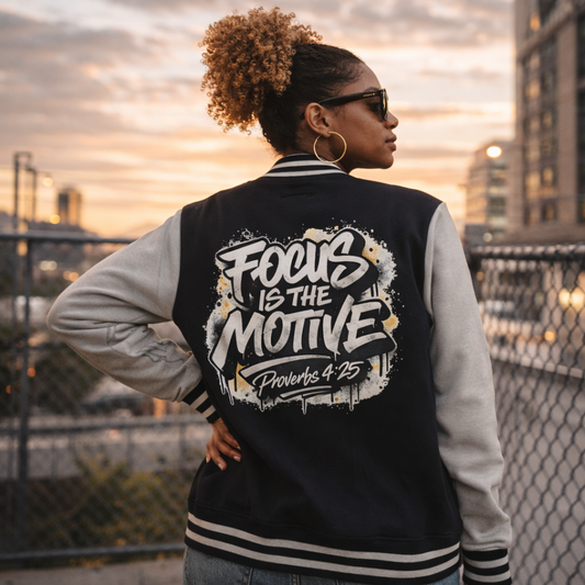 Focus Is The Motive Varsity Jacket — Proverbs 4:25 Inspirational Letterman