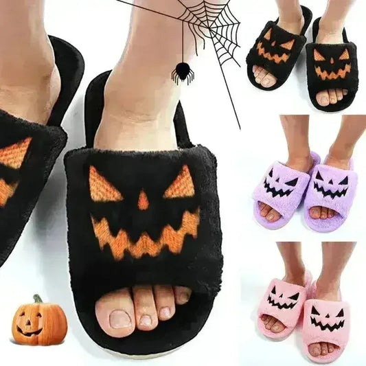 Halloween Pumpkin Fuzzy Slippers Soft Plush Cozy Open Toe Women Slides