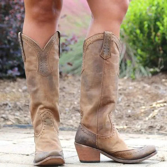 Sh10296a Vintage Pointed Toe Western Cowboy Boots Women Low Heel Boots Girl
