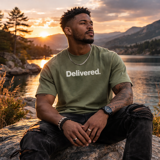 Delivered. Heaven Sent Christian T-Shirt — Faith-Based Graphic Tee with Back Label Design