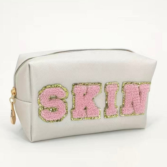 Skin Glam Cosmetic Bag Cream with Pink Letters