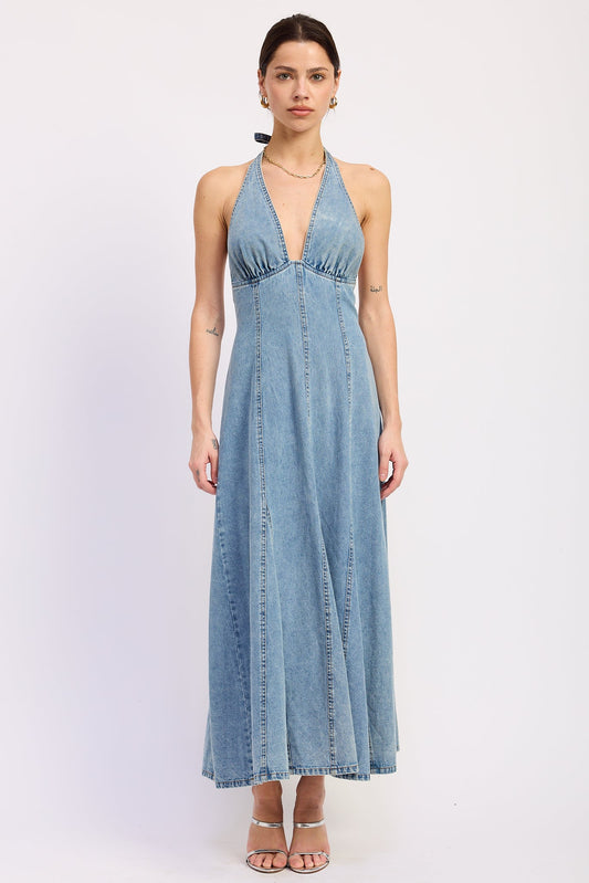 Laurel Halter Denim Midi Dress