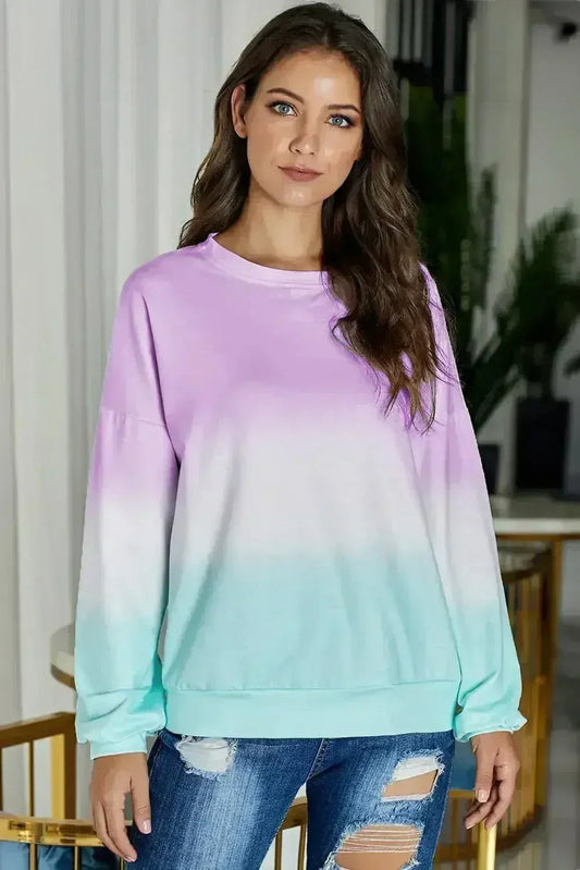 Casual Purple Color Block Tie Dye Pullover Sweatshirt
