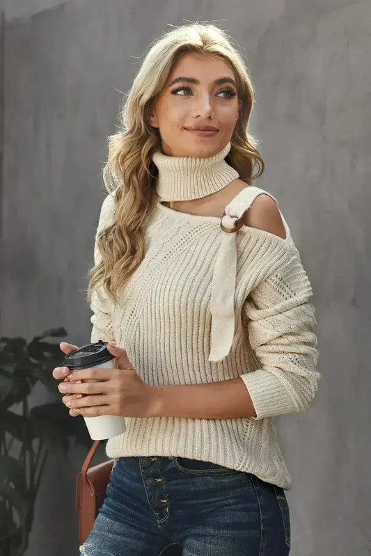 Women's Apricot Strapped Cut out Shoulder Turtleneck Sweater