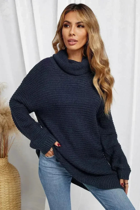 Navy Blue Turtleneck Sweater - Cozy Winter Knit with Long Sleeves | Femstylo