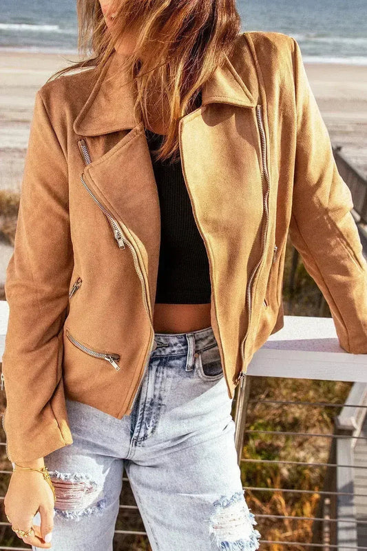 Brown Notch Collar Jacket - Classic Zippered Short Coat for Women | Femstylo