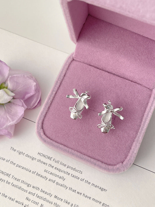 925 Silver Needle Ballet Shoes Stud Earrings Women's Exquisite Sweet Ribbon Bow