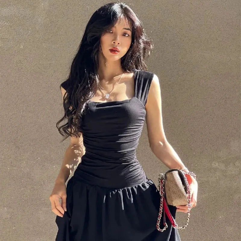 Ruched Bodycon Maxi Dress | Square Neck Slip Dress -femstylo