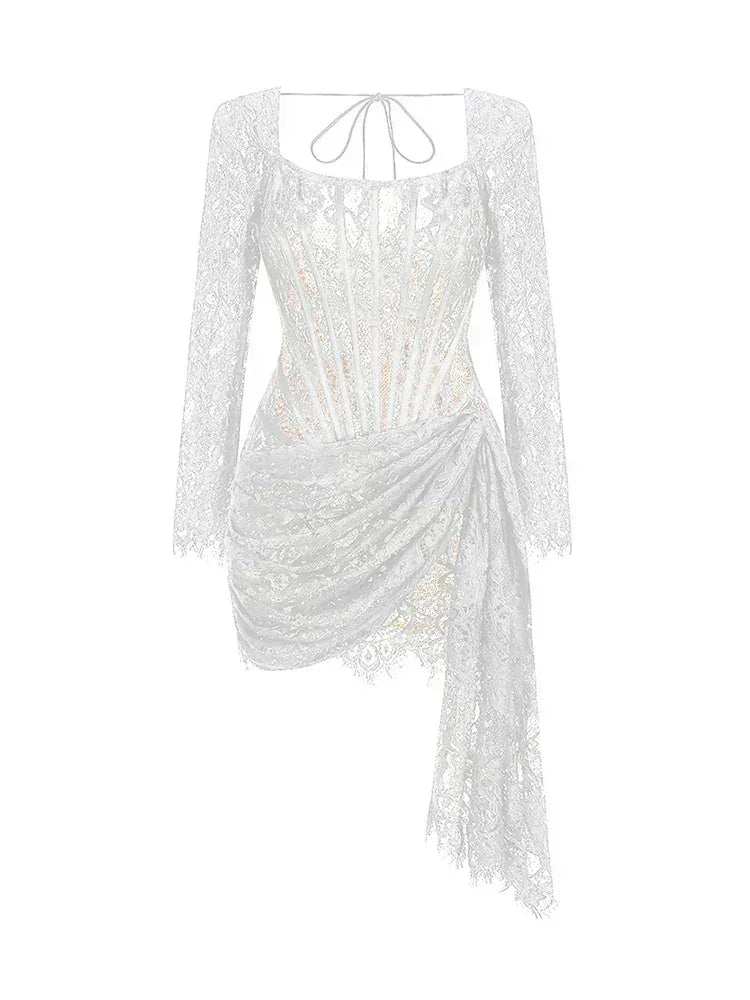 TARUXY Sexy Lace See-through Patchwork Corset Dress Female Bodycon Elegant Party MIrrgualr Mini Dress Women Tube Top Dress New