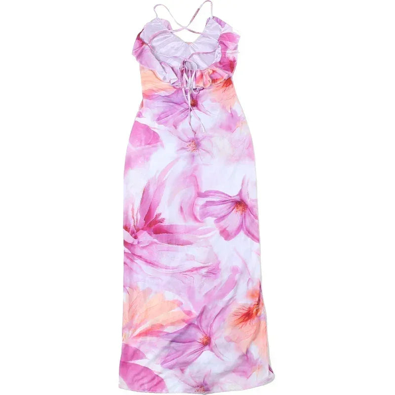 Weird Puss Flower Print Dress Woman Summer Strapless Splits Irregular Tassel Patchwork Backless Bandage Party Skinny Vestidos