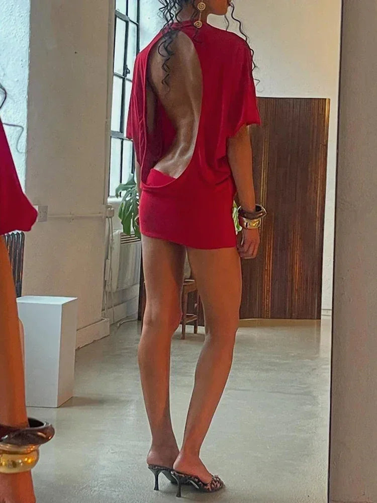 Nibber o-Neck Sexy Backless Mini Dress Women Y2K Solid Trend Style Half Sleeve Spicy Girls Street Midnight Fashion Slim Outfits