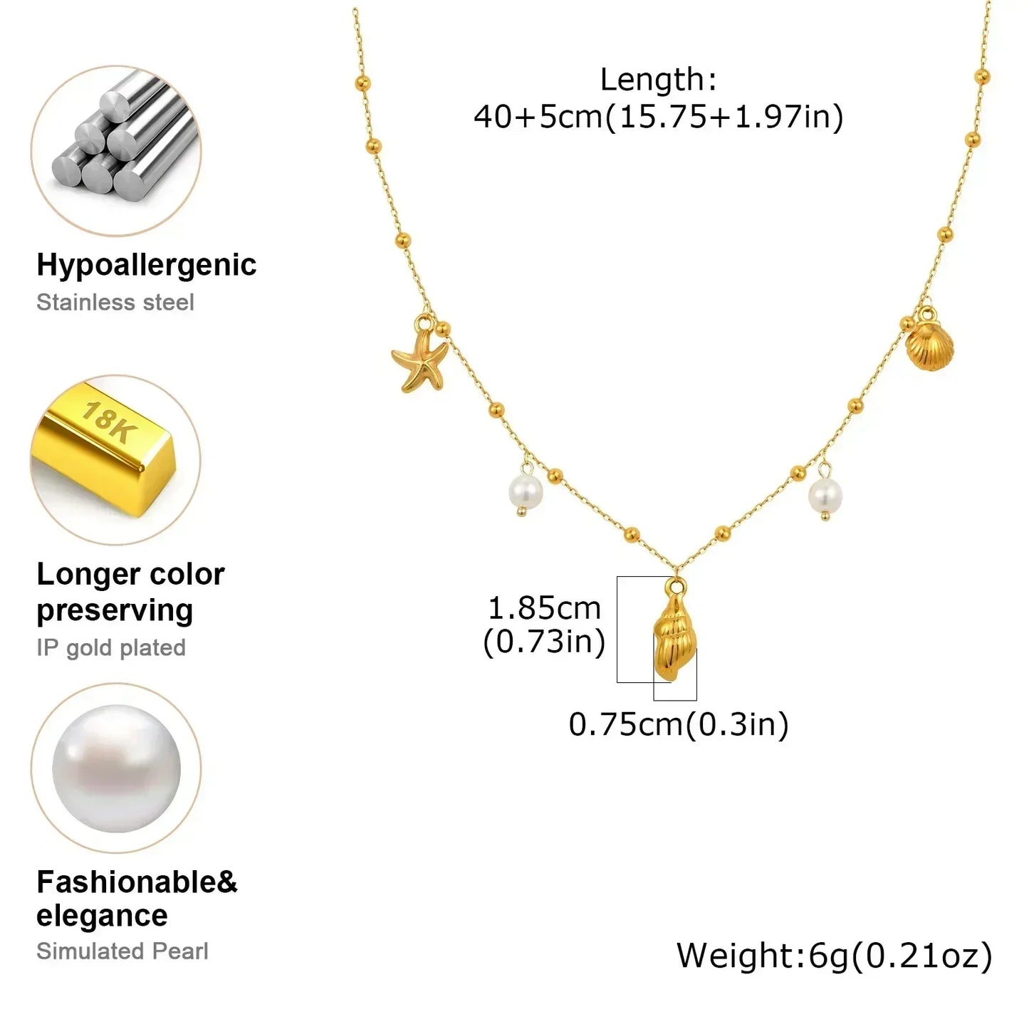 18k Gold Plated Pearl Shell Conch Starfish Summer Beach Necklace, Charms Necklace for Women,Stainless Steel Waterproof Jewelry